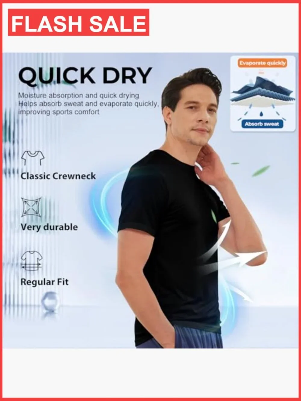 Men's Moisture Wicking Crewneck Undershirts 6-Pack Breathable Stretch Tees